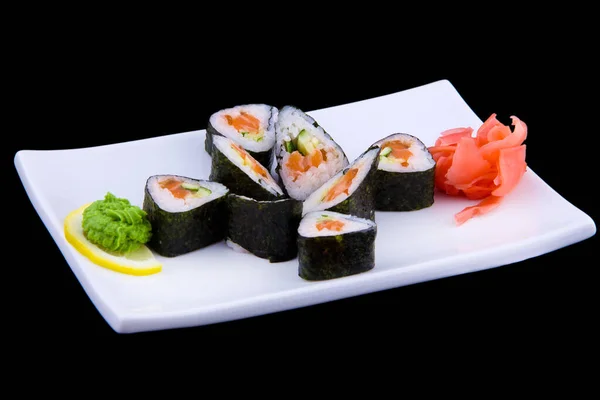 Syake Ikura Maki Sushi Roll Fresh Salmon Cucumber White Rectangular — Stock Photo, Image