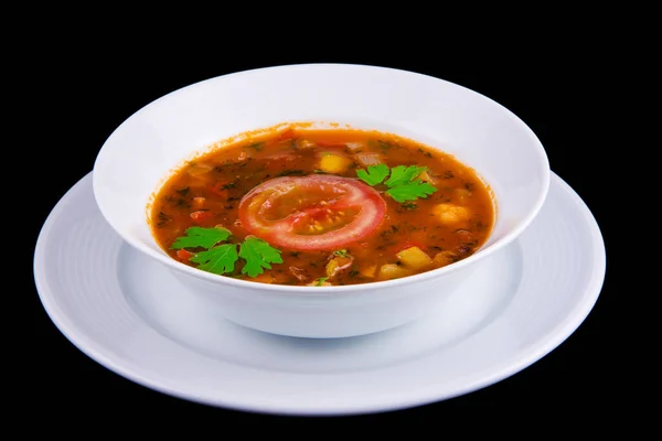 Hongaarse Goulash Dikke Groentesoep Met Rundvlees Tomaten Witte Boul Zwarte — Stockfoto