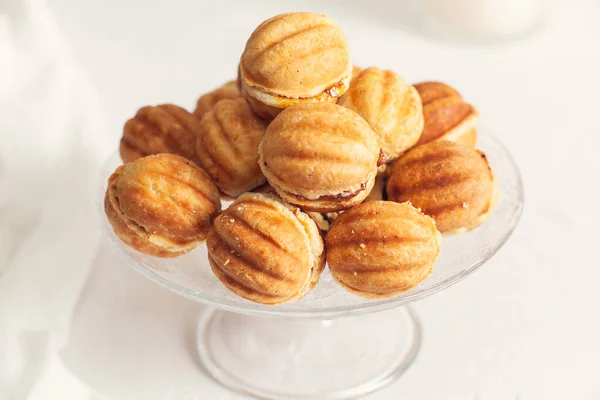 Russian Traditional Homemade Cookies Nuts Condensed Milk Glass Stand White — Stock Photo, Image