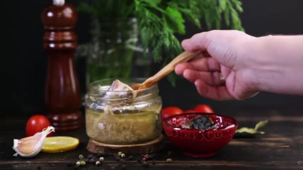 Homemade Canned Fish Mackerel Oil Tomato Paste Woman Takes Piece — Stock Video