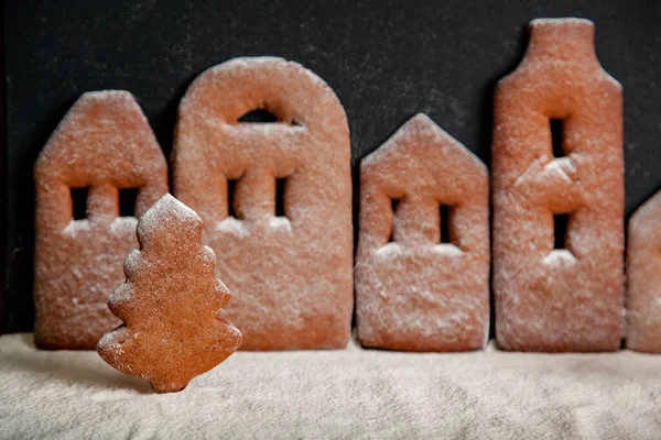 Sušenka v podobě vánočního stromku na pozadí perníkového městečka posypaná práškovým cukrem — Stock fotografie