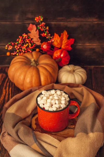 Herfst Decor Een Houten Achtergrond Een Mok Met Cacao Marshmallows — Stockfoto
