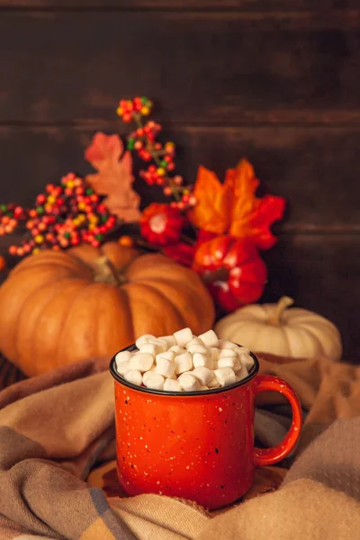 Herfst Decor Een Houten Achtergrond Een Mok Met Cacao Marshmallows — Stockfoto