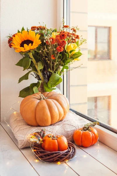 Cozy Autumn Still Life Windowsill Bouquet Sunflowers Pumpkin Warm Wool — Stock Photo, Image