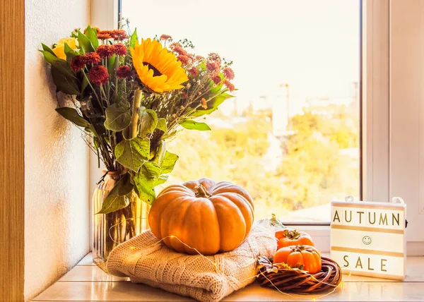 Cozy autumn still life on the windowsill: bouquet with sunflowers, pumpkin, warm wool sweaters, persimmon and lightbox with title Autumn sale.