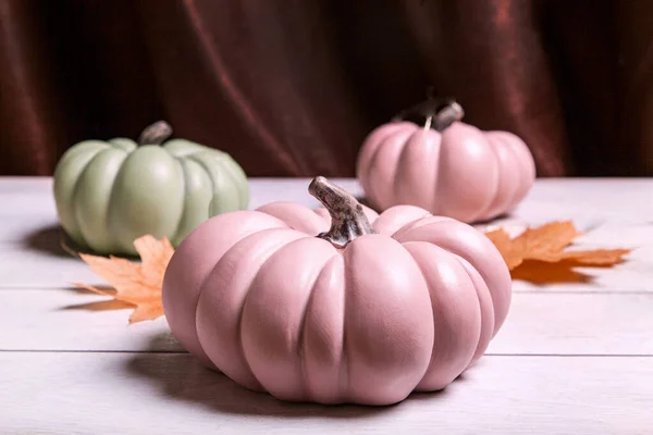 Autumn Background Pink Green Pumpkins Leaves Pastel Shades Dark Textile — Stock Photo, Image