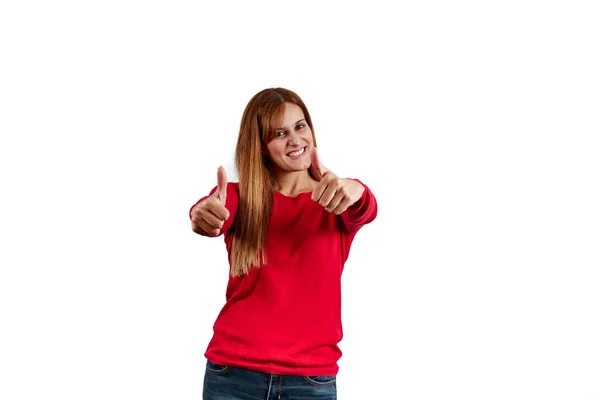 Beautiful Young Woman Red Sweater Her Thumbs Isolated White Background — 스톡 사진