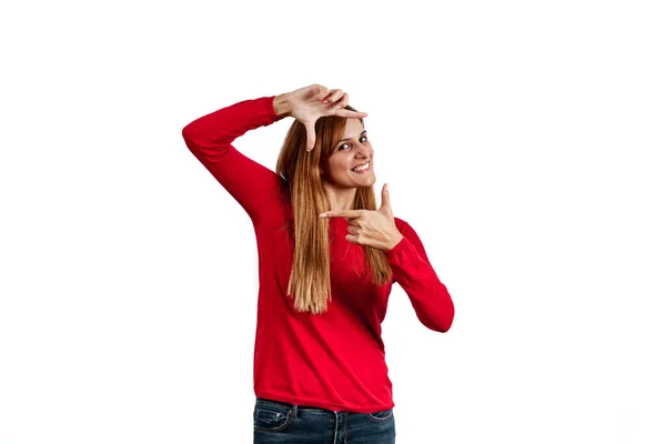 Beautiful Young Woman Red Sweater Making Gesture Photographing Her Hands — 스톡 사진