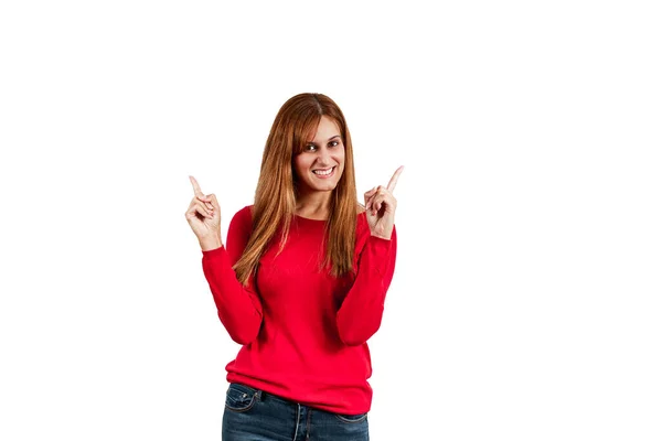 Hermosa Mujer Joven Suéter Rojo Apuntando Sus Manos Hacia Espacio —  Fotos de Stock