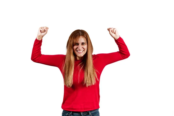 Mooie Jonge Vrouw Gekleed Een Rode Trui Vieren Overwinning Prestatie — Stockfoto