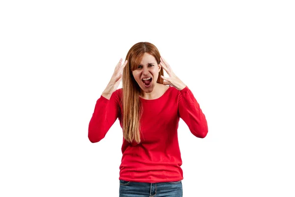 Beautiful Young Woman Dressed Red Sweater Screaming Isolated White Background — Stock Photo, Image