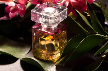 Bitkiler ve çiçeklerle çevrili renkli camlardan yapılmış bir parfüm şişesi.. 