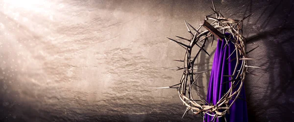 Crown Thorns Purple Robe Hanging Nail Stone Wall Light Rays — 스톡 사진