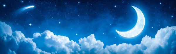 Glowing Crescent Moon Starry Sky Comet Fluffy Clouds — Stock Photo, Image