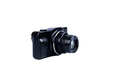 Beyaz arkaplanda veya izole edilmiş dijital siyah fotoğraf makinesi