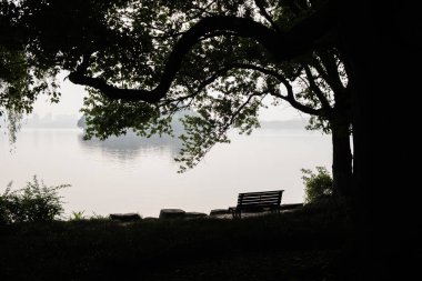 Zhejiang, Çin 'in başkenti Hangzhou' da bir tatlı su gölü olan Xihu Gölü 'ne ya da sabah ilk iş olarak Blavk ve beyaz manzaralı yeşil bir çevre.. 