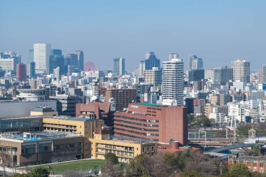 Osaka, Japonya - 18 Aralık 2016: Japonya 'nın yukarısından Osaka' da bir şehir manzarası.