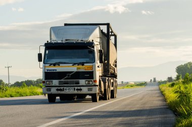 Nakhon Sawan, Thailand - September 2019 : Truck container running on the highway for service to customer on time, on September 7,2019 at Nakhon Sawan, Thailand