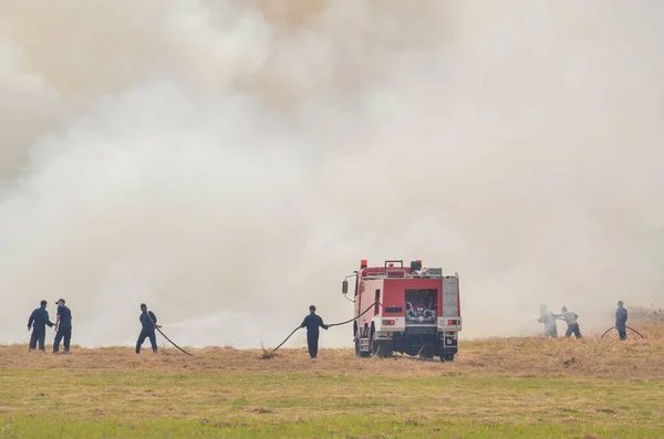 Pompierii Lucrează Pentru Stinge Incendii Câmpuri Care Mult Fum Alb — Fotografie, imagine de stoc