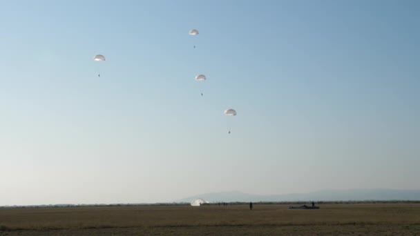 Pequenos paraquedas brancos com esportistas voam no céu azul — Vídeo de Stock
