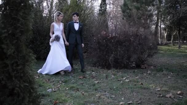 Jovem mulher em vestido de noiva e noivo andar ao longo do parque — Vídeo de Stock