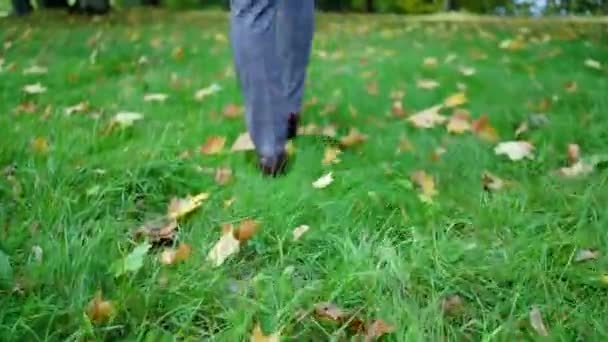 スタイリッシュな男の足は紅葉の中を歩く — ストック動画