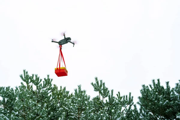 drone sends a gift box to the customer by flying over the forest.