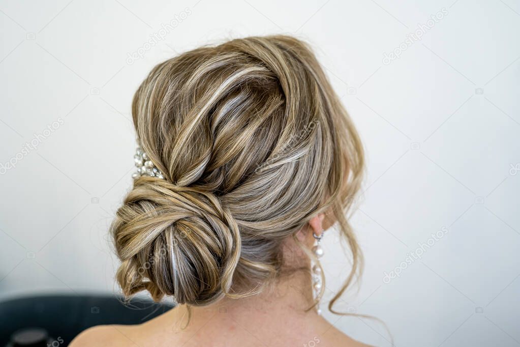 stylish hairstyle on the bride's head back view.