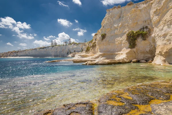 Marsaskala Körfezi 'nde Marsaskalarocky plajında Rocky Beach, Malta.
