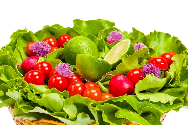 Lettuce, radishes, chives, lime and tomatoes — Stock Photo, Image