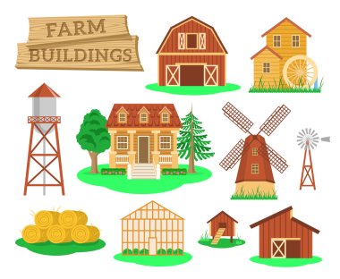Farm buildings and constructions flat infographic elements clipart