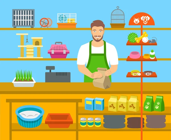 Pet shop seller at counter in store flat illustration — Stock Vector