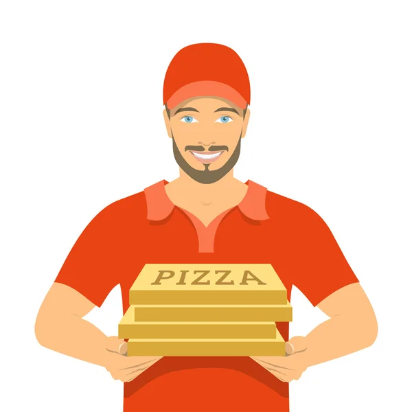 Pizza poslíček drží kartonové krabice — Stockový vektor