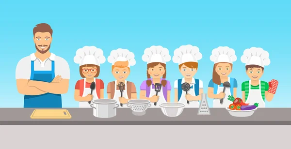 Cours de cuisine pour enfants illustration plate — Image vectorielle