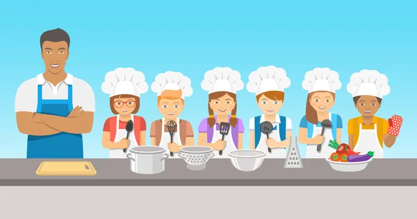 Crianças aula de culinária ilustração plana —  Vetores de Stock