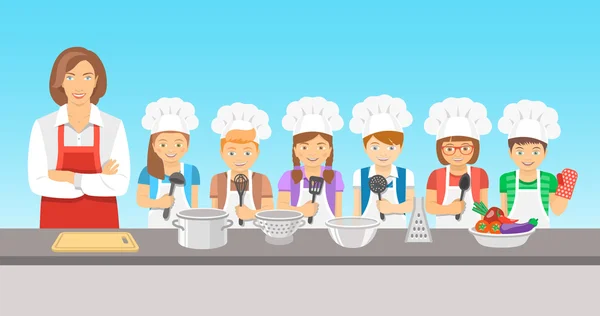 Crianças aula de culinária ilustração plana — Vetor de Stock