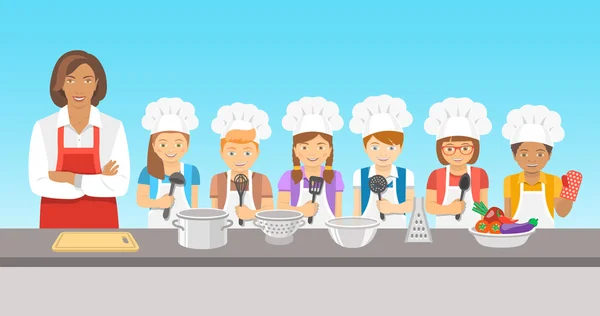 Kids cooking class flat illustration — Stock Illustration Kids cooking class flat illustration Vector Graphics
