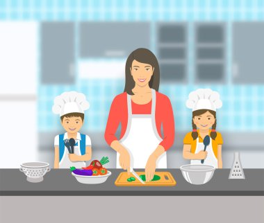 Düz şekilde anne ve çocuklar birlikte mutfak yemek