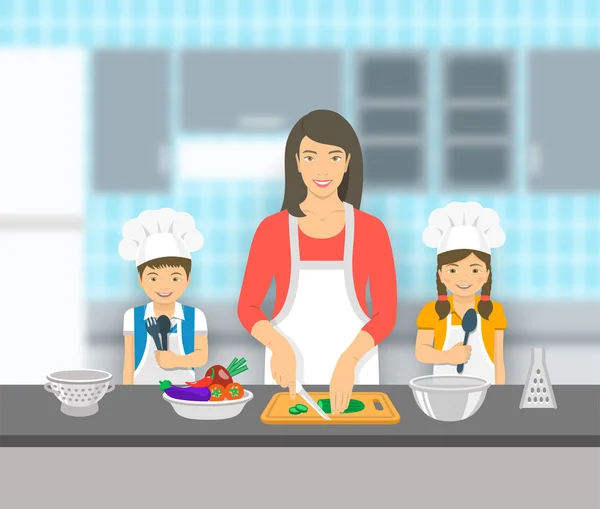 Mamma e bambini cucinano insieme in cucina illustrazione piatta — Vettoriale Stock