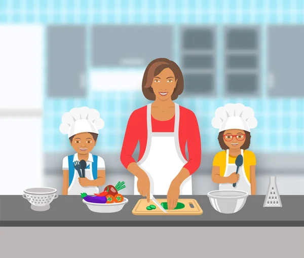 Мати і діти готують разом на кухні плоскі ілюстрації — стоковий вектор