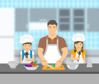 Düz resimde baba ve çocukların birlikte mutfak yemek