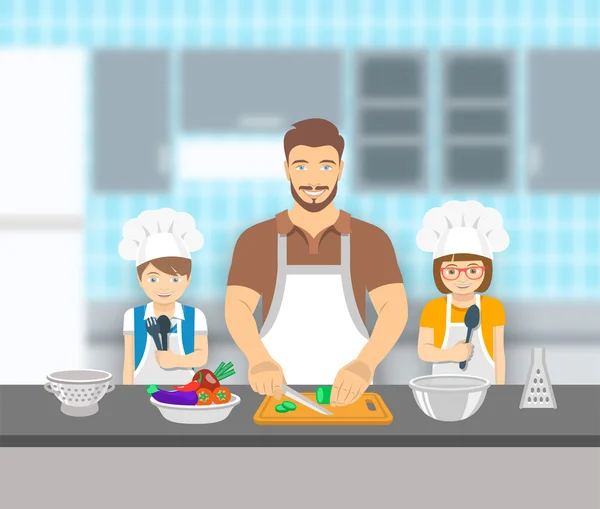 Padre e figli cucinano insieme in cucina illustrazione piatta — Vettoriale Stock