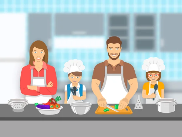 Familia con niños cocinando juntos en la cocina ilustración plana — Archivo Imágenes Vectoriales