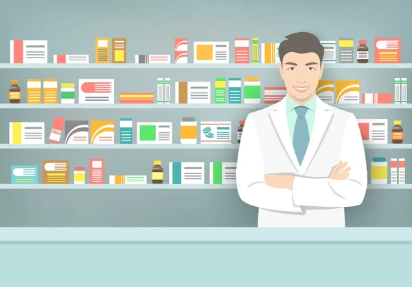 Farmacéutico en mostrador en farmacia frente a los estantes con medicamentos — Archivo Imágenes Vectoriales