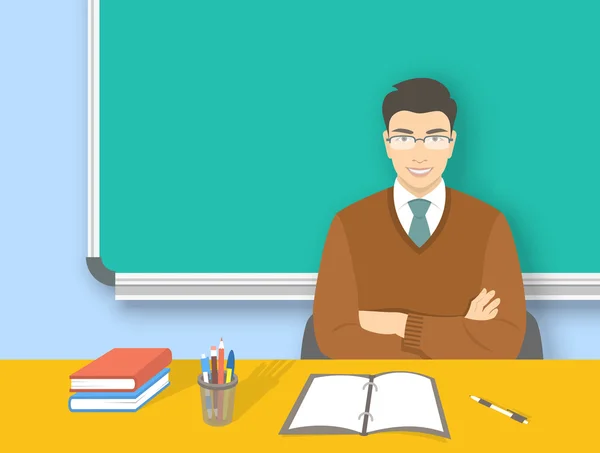 Escuela profesor asiático hombre en escritorio plana educación ilustración — Vector de stock