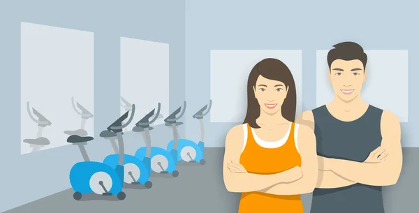 Persoonlijke fitness trainers Aziatische man en vrouw in de gym illustratie — Stockvector