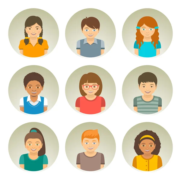 Kids different races round flat vector avatars Stock Vector