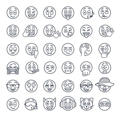 Gülen yüz emoji ince çizgiler düz vector Icons set
