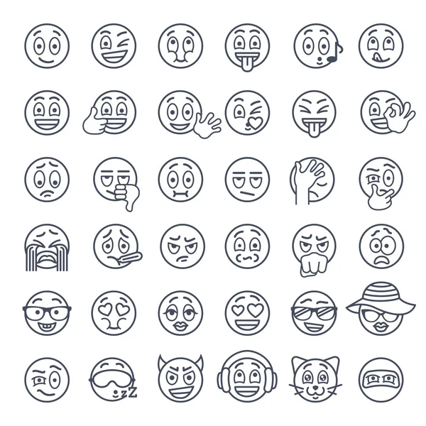 Smiley face emoji thin lines flat vector icons set — Stock Vector