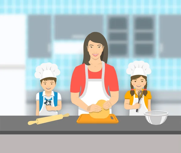 Madre con los niños hornear juntos en una cocina — Vector de stock